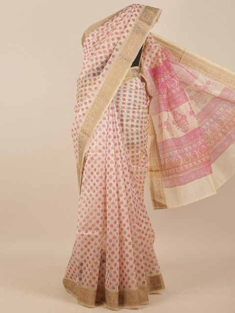 

Pothys Women Cream & Pink Super Net Ethnic Motifs Printed Saree