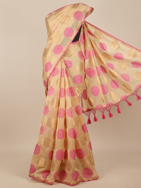 

Pothys Cream-Coloured & Pink Ethnic Motifs Zari Saree