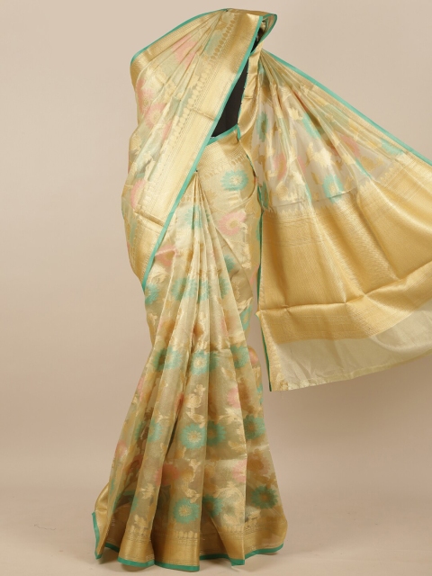 

Pothys Cream-Coloured & Gold Ethnic Motifs Woven Design Zari Tissue Saree