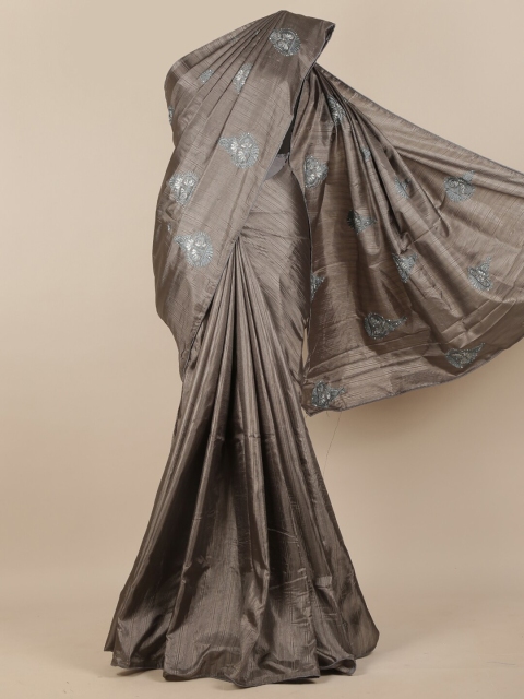 

Pothys Grey & Silver Floral Embroidered Silk Blend Saree