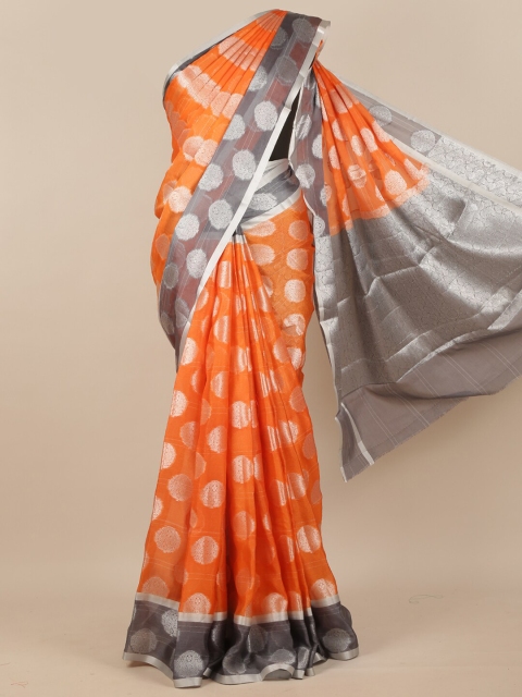 

Pothys Orange & Silver-Toned Ethnic Motifs Zari Tissue Saree