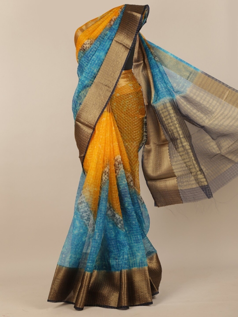 

Pothys Turquoise Blue & Yellow Dyed Zari Woven Border Tissue Saree