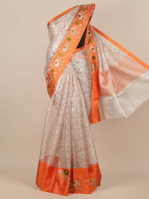 

Pothys Women Silver & Orange Geometric Printed & Floral Embroidered Saree