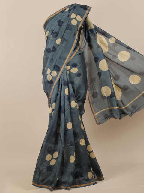 

Pothys Cotton Blend Grey Tie and Dye Zari Border Saree