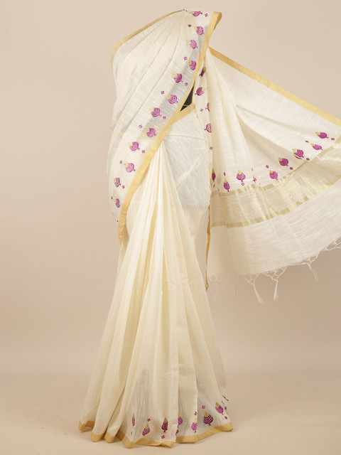 

Pothys White & Gold Ethnic Motifs Zari Detail Jute Cotton Saree