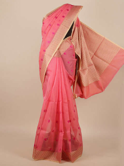 

Pothys Pink & Gold Ethnic Motifs Woven Zari Supernet Saree