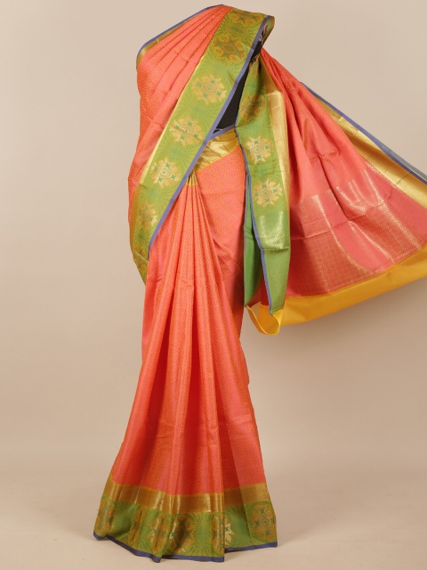 

Pothys Women Orange & Green Ethnic Motifs Woven Designed Saree