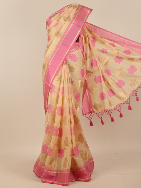 

Pothys Cream-Coloured & Pink Ethnic Motifs Zari Tissue Saree