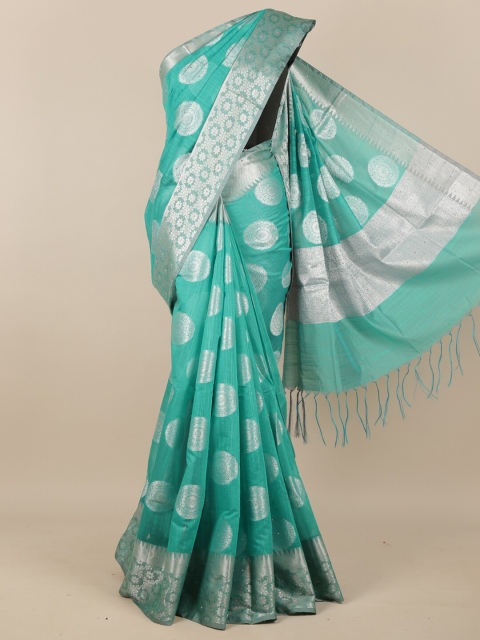 

Pothys Green & Silver-Toned Ethnic Motifs Zari Border Saree
