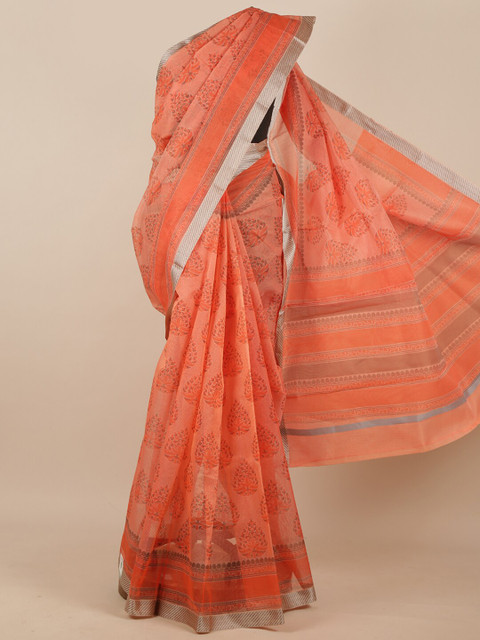 

Pothys Orange & Silver Ethnic Motifs Printed Zari Border Supernet Saree