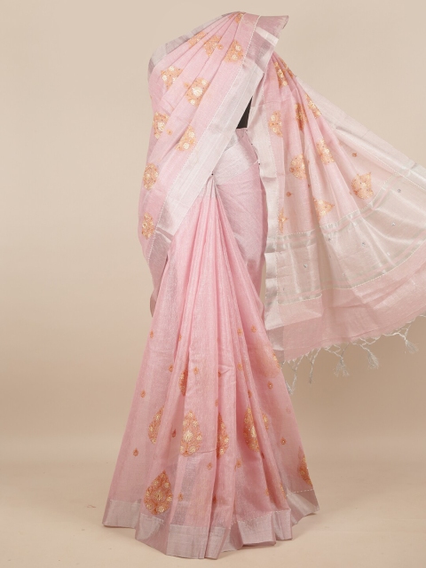 

Pothys Pink & Silver-Toned Ethnic Motifs Tissue Saree