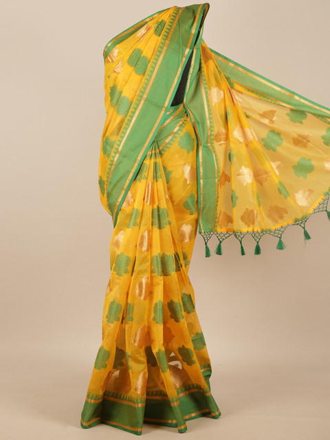 

Pothys Yellow & Green Ethnic Motifs Woven Design Zari Tissue Saree