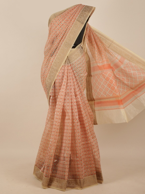 

Pothys Cream-Coloured & Orange Ethnic Motifs Supernet Saree