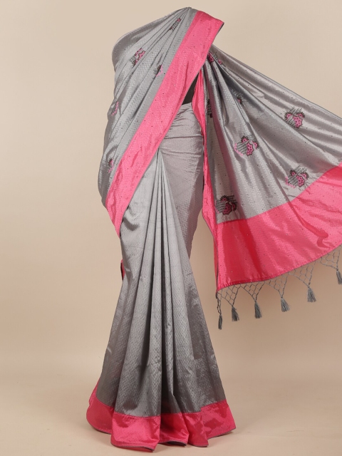

Pothys Grey & Peach-Coloured Embellished Sequinned Silk Blend Saree