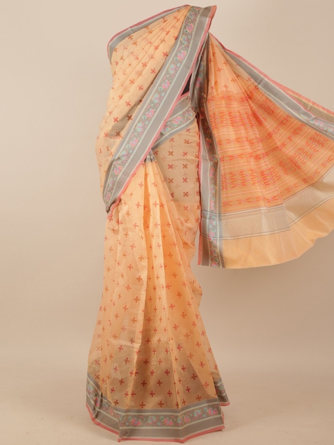 

Pothys Peach-Coloured & Grey Ethnic Motifs Printed Supernet Saree