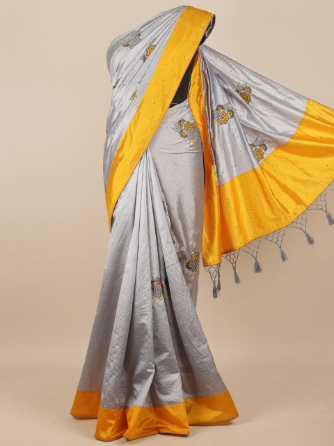 

Pothys Women Grey & Yellow Floral Embroidered & Embellished Saree