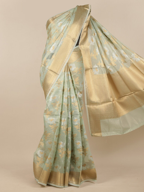 

Pothys Green & Gold-Toned Floral Zari Border Tissue Saree