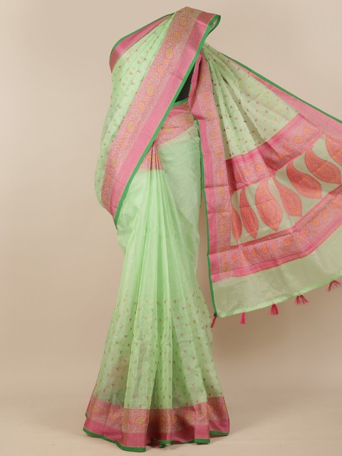

Pothys Women Green & Pink Floral Woven Designed Saree
