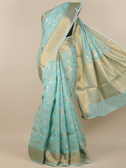 

Pothys Blue & Gold-Toned Woven Design Zari Border Tissue Saree