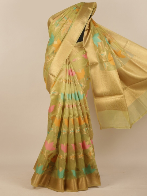 

Pothys Yellow & Gold-Toned Floral Zari Tissue Saree