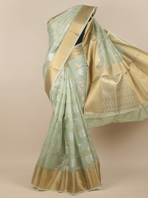 

Pothys Green & Gold-Toned Zari Border Woven Design Tissue Saree
