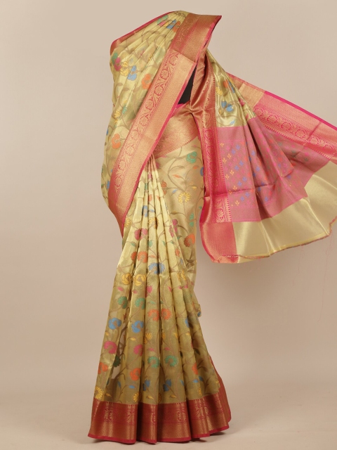 

Pothys Gold-Toned & Pink Ethnic Motifs Woven Design Zari Tissue Saree