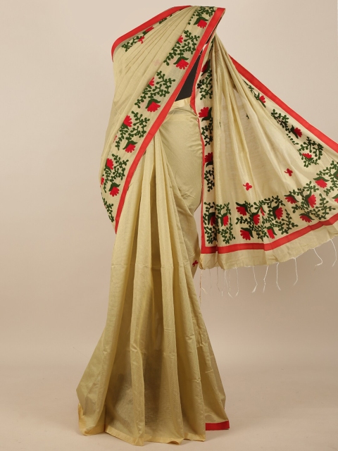 

Pothys Cream-Coloured & Red Ethnic Motifs Kashida Embroidered Jute Cotton Saree