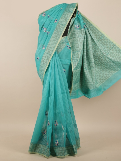 

Pothys Blue & Gold-Toned Ethnic Motifs Embroidered Supernet Saree