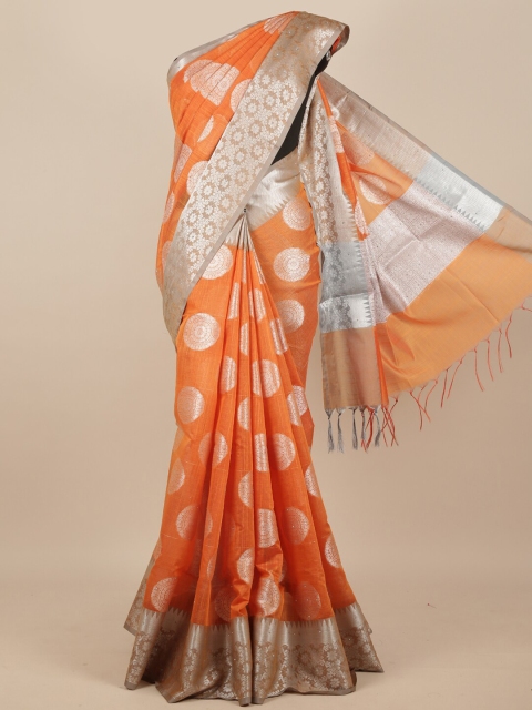 

Pothys Orange & Silver-Toned Ethnic Motifs Zari Saree