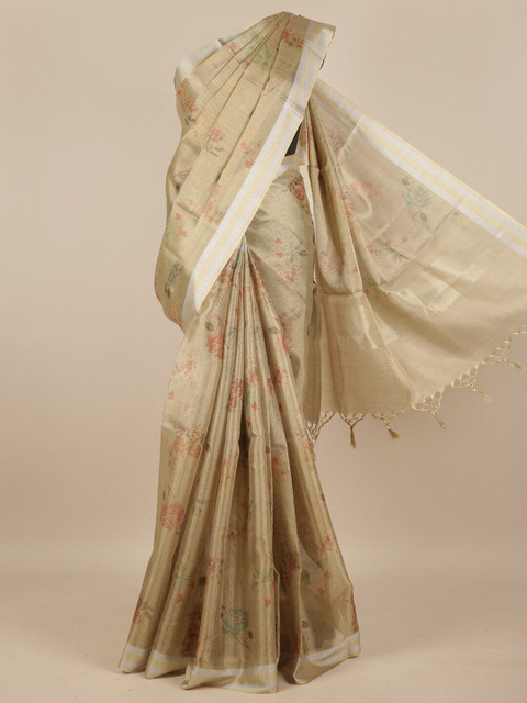 

Pothys Gold & Red Floral Printed Zari Border Tissue Saree