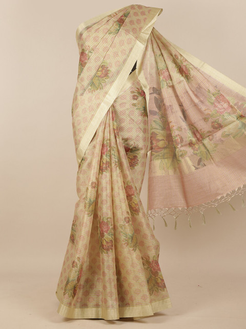 

Pothys Cream-Coloured & Gold-Toned Floral Tissue Saree
