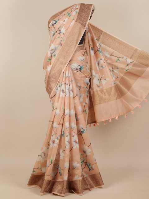 

Pothys Peach-Coloured & White Floral Printed Zari Saree