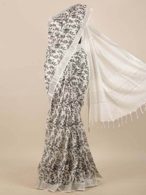 

Pothys White & Black Floral Printed Silver Zari Border Saree