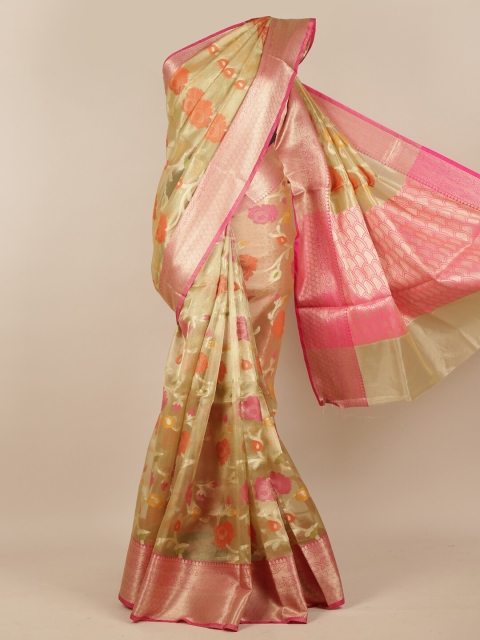 

Pothys Women Cream & Pink Floral Woven Designed Saree