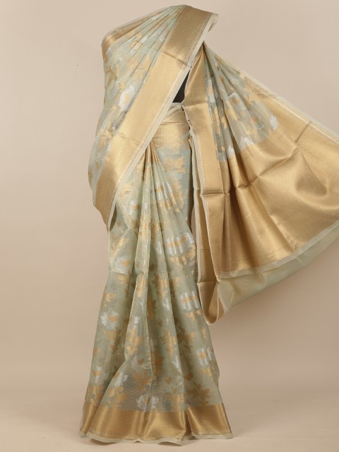 

Pothys Green & Gold-Toned Floral Zari Tissue Saree