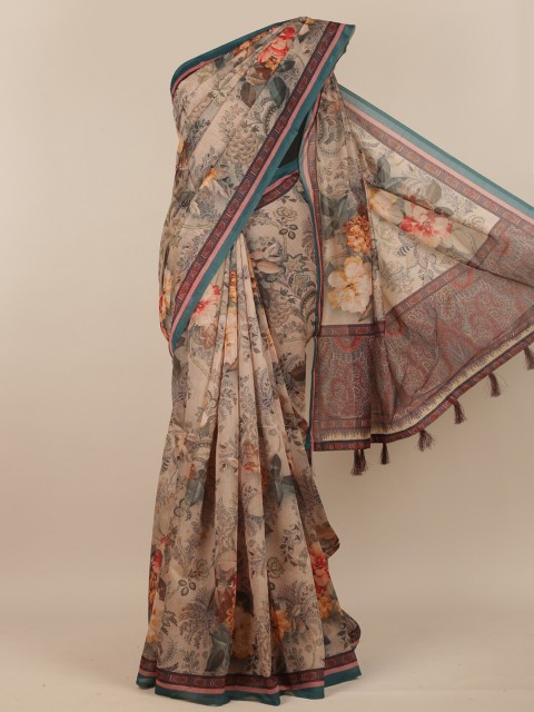 

Pothys Cream-Coloured & Teal Floral Saree