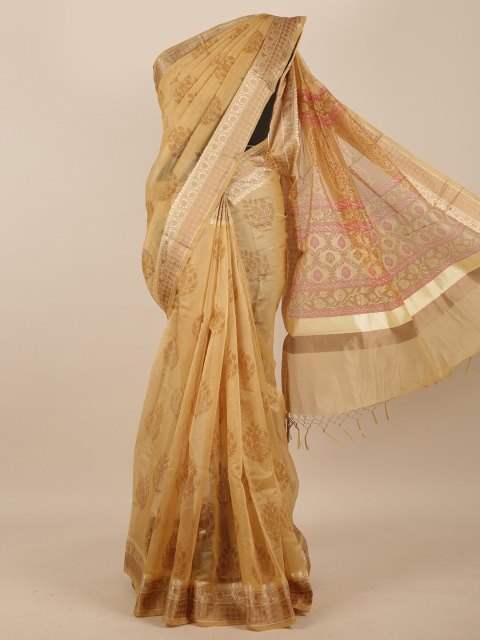 

Pothys Cream-Coloured & Gold-Toned Ethnic Motifs Supernet Saree
