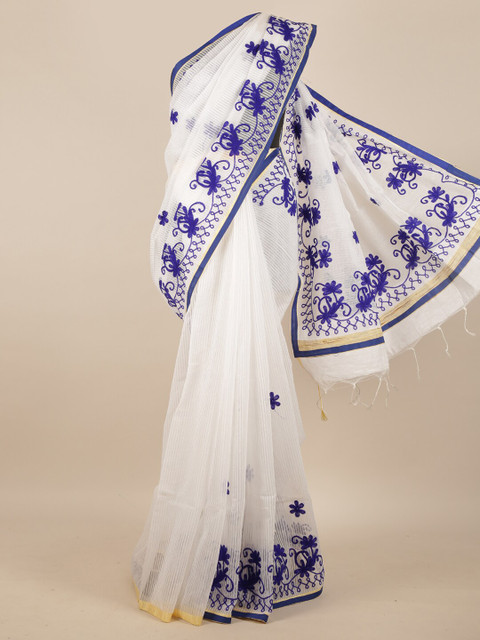 

Pothys White & Blue Ethnic Motifs Kashida Embroidery Jute Cotton Saree