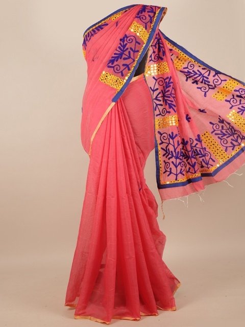 

Pothys Women Pink & Blue Mirror Work Embroidered Saree