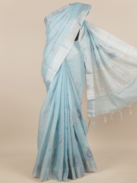 

Pothys Blue& Silver Floral Embroidered Tissue Saree