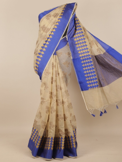 

Pothys Cream-Coloured & Blue Woven Design Supernet Saree