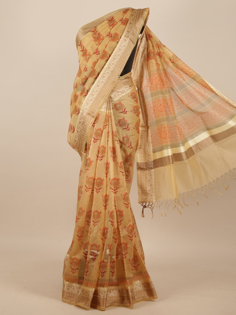 

Pothys Beige & Red Floral Printed Zari Supernet Saree