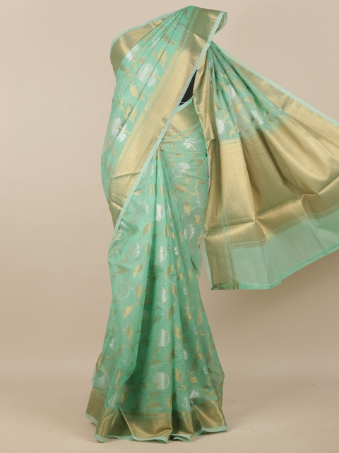 

Pothys Women Green & Gold-Toned Floral Woven Designed Saree