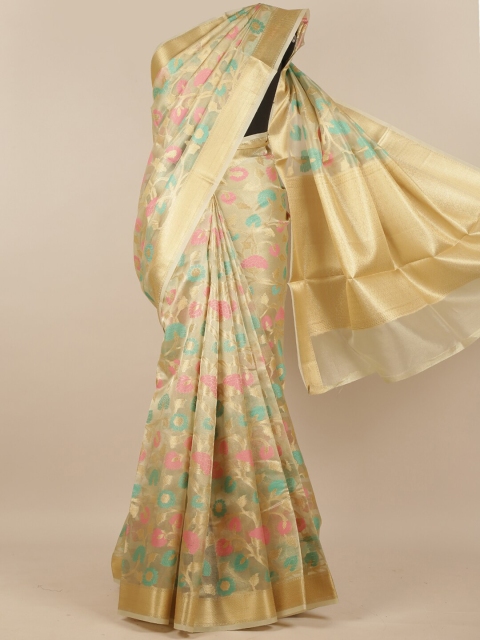 

Pothys Women Cream & Gold-Toned Floral Woven Designed Saree