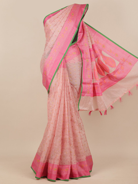 

Pothys Pink & Green Floral Tissue Saree