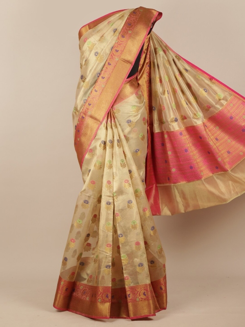 

Pothys Cream-Coloured & Pink Floral Zari Tissue Saree