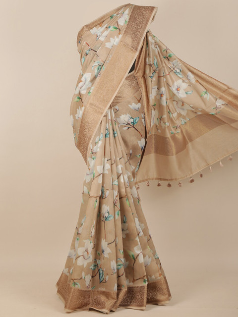 

Pothys Cream-Coloured & Bronze-Toned Floral Printed Zari Border Saree