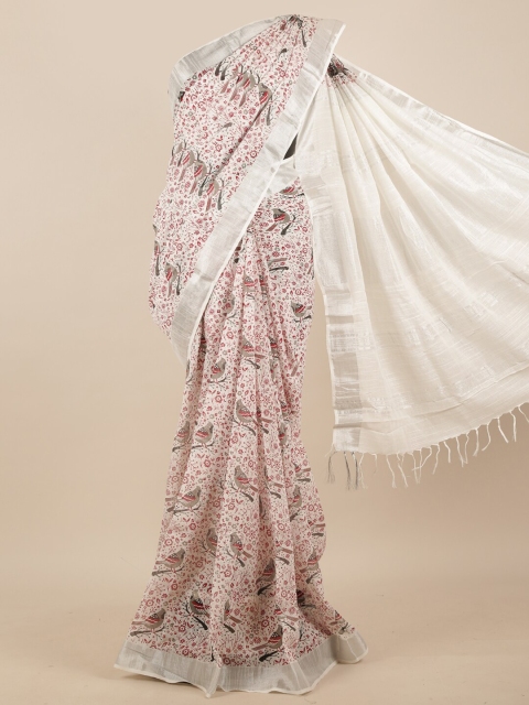 

Pothys White Linen Blend Floral Zari Border Saree