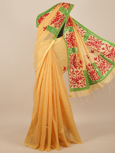 

Pothys Yellow & Red Floral Kashida Embroidered Mirror Detail Jute Cotton Saree