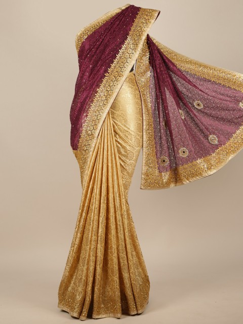 

Pothys Gold-Toned & Purple Woven Design Zari Satin Half and Half Saree